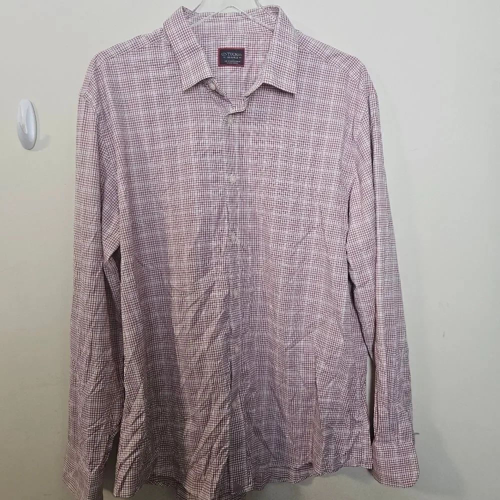 Untuckit Beckman Button Down Shirt Red Gingham Nylon 40884 XXL